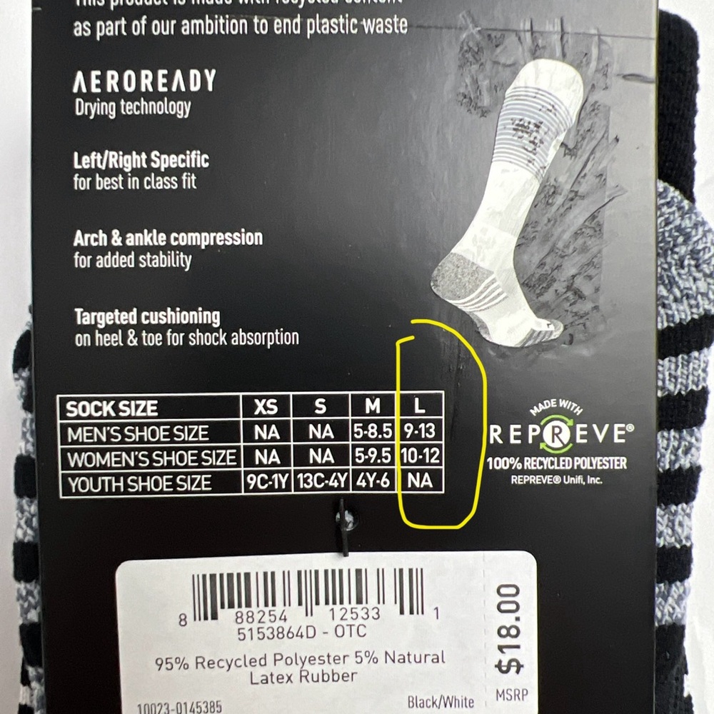Adidas Soccer Team Speed Sock L Black White Aeroready Mens L 9-13 Women L 10-12 - Picture 4 of 4